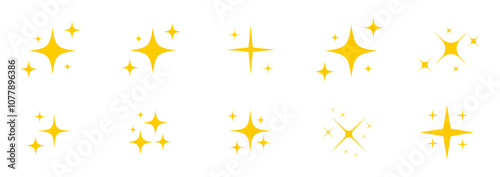 Sparkle star vector icons set. Star icons vector set. Shine or sparkle vector set of ten various stars in yellow color on white background. Vector illustration.