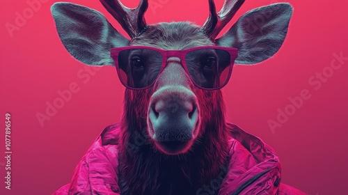 Moose struts with style in cool sunglasses against a solid color background photo