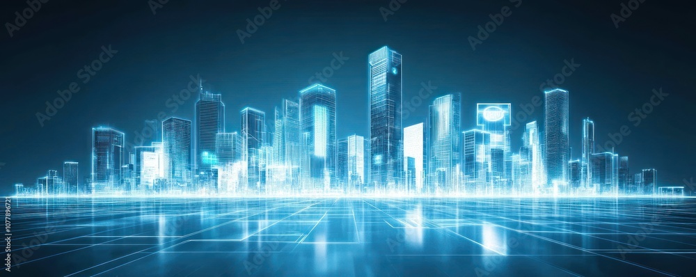 Fototapeta premium Futuristic city skyline with digital elements, representing technology and innovation.