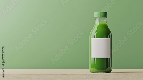 Green Juice Bottle with Blank Label on Wood photo