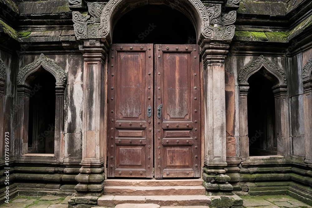 Rustic Temple Doors in an Ancient Sanctuary with Gentle Light and Vintage Architecture Rustic Temple Doors in an Ancient Sanctuary with Gentle Light and Vintage Architecture