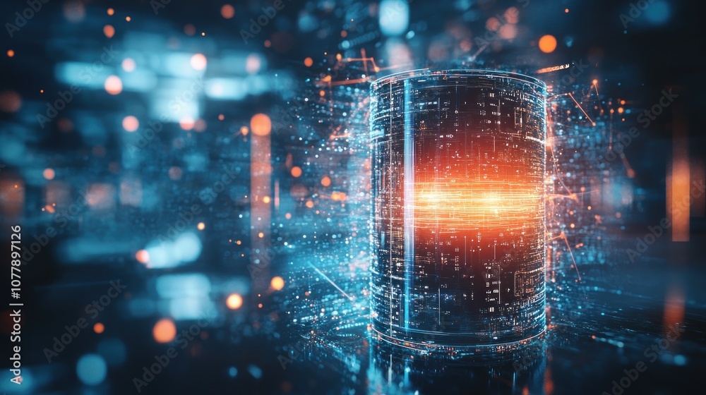 A futuristic digital representation of a data storage device with glowing elements. A futuristic digital representation of a data storage device with glowing elements.