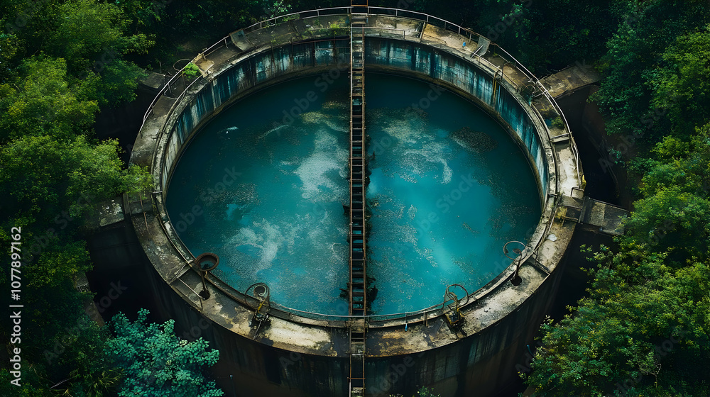 Obraz premium Aerial View of a Circular Water Tank Surrounded by Trees