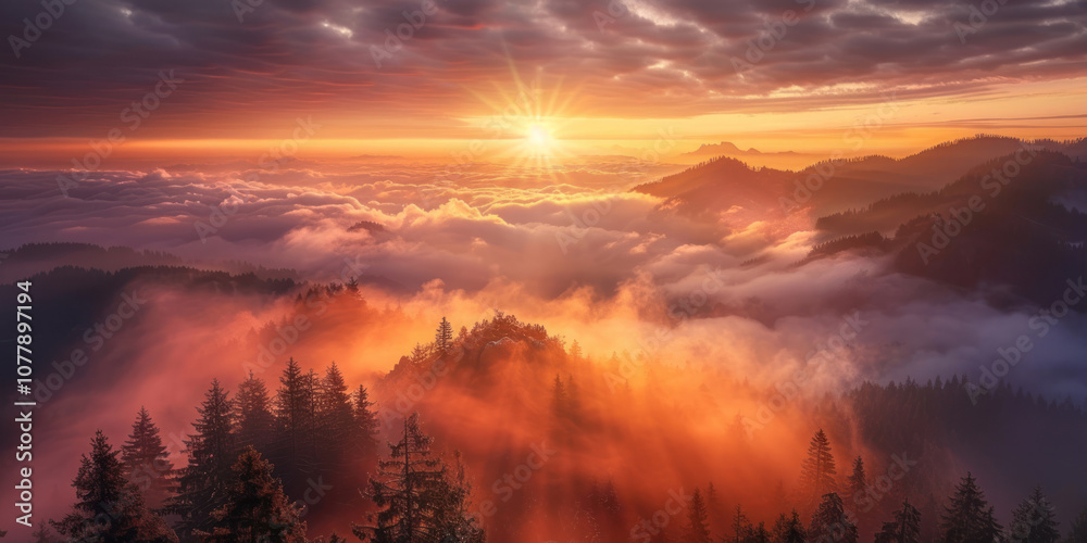 A stunning sunset with the sun's light diffused through the fog, creating a mysterious and ethereal atmosphere. A stunning sunset with the sun's light diffused through the fog, creating a mysterious and ethereal atmosphere.