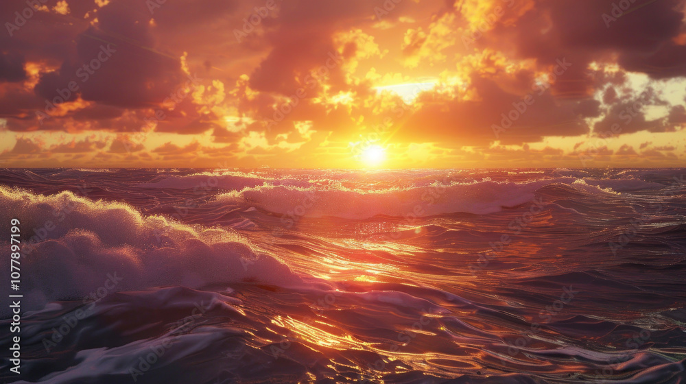 A stunning sunset with the sun sinking into the ocean, its warm light illuminating the waves below. A stunning sunset with the sun sinking into the ocean, its warm light illuminating the waves below.