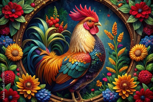 Wallpaper Mural Rooster in Floral Frame - AI Food Photography Torontodigital.ca