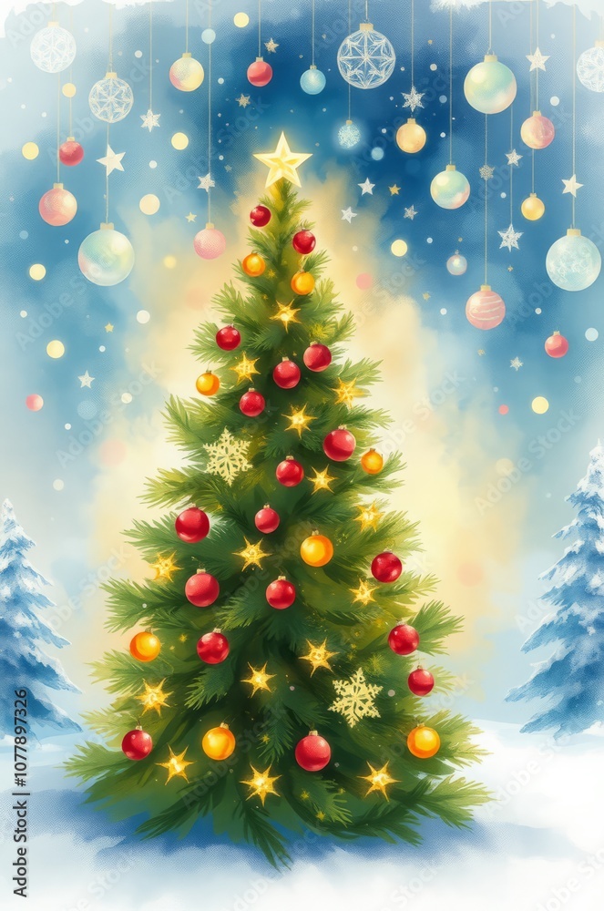 The christmas tree is set against a festive holiday backdrop of lights and ornaments christmas backdrop Illustration Watercolor painting art style The christmas tree is set against a festive holiday backdrop of lights and ornaments christmas backdrop Illustration Watercolor painting art style