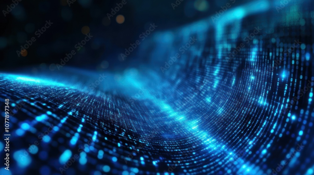 Abstract digital waves with glowing blue particles representing data flow. Abstract digital waves with glowing blue particles representing data flow.