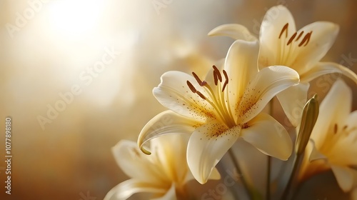 White Lily Flowers with Golden Light Background