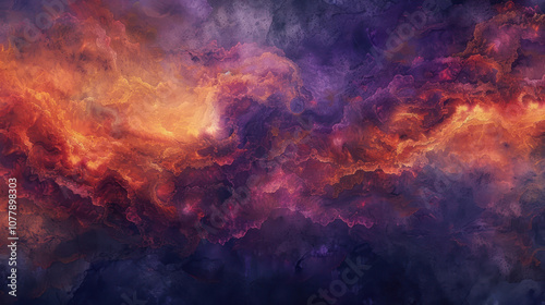 A surreal abstract sky with swirling colors and textures, blending deep purples, blues, and fiery oranges in a dreamlike composition