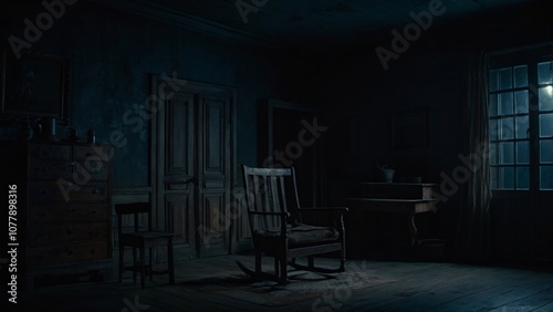 A dark, eerie house interior at night, illuminated only by faint moonlight streaming through a window photo