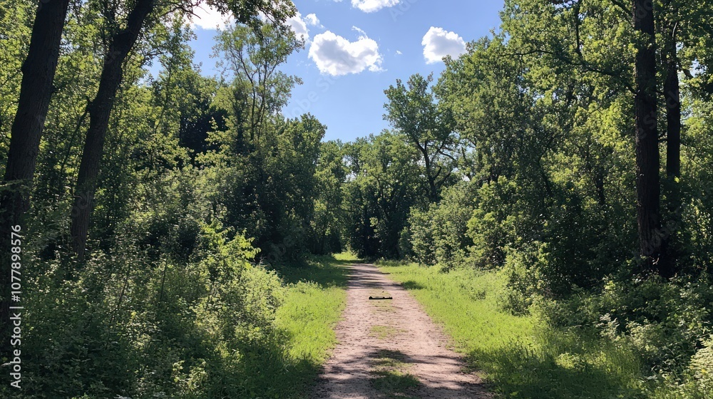 A serene pathway through a lush green forest under a bright blue sky.