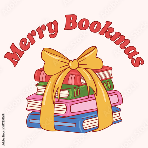 Festive Holiday Illustration of Books Tied With a Bow