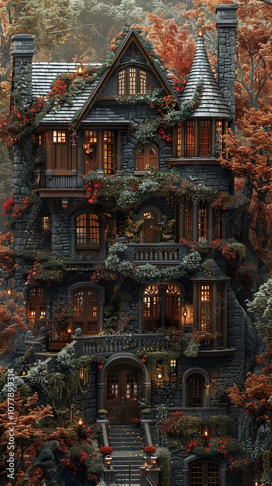 Fototapeta premium Enchanted Stone Cottage in Autumn: A Fairytale House Covered in Ivy