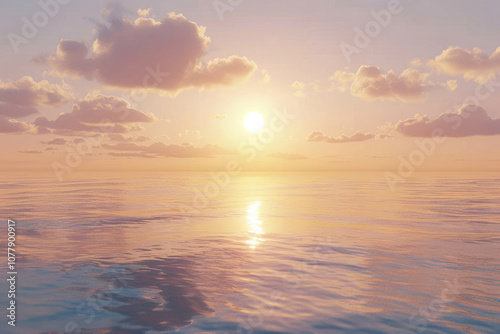A tranquil sunrise over the sea, with the sun's reflection shimmering on the water and soft clouds in the distance.