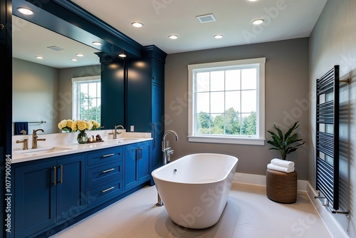 Elegant Contemporary Bathroom Design with Blue Accent Cabinets and Freestanding Tub