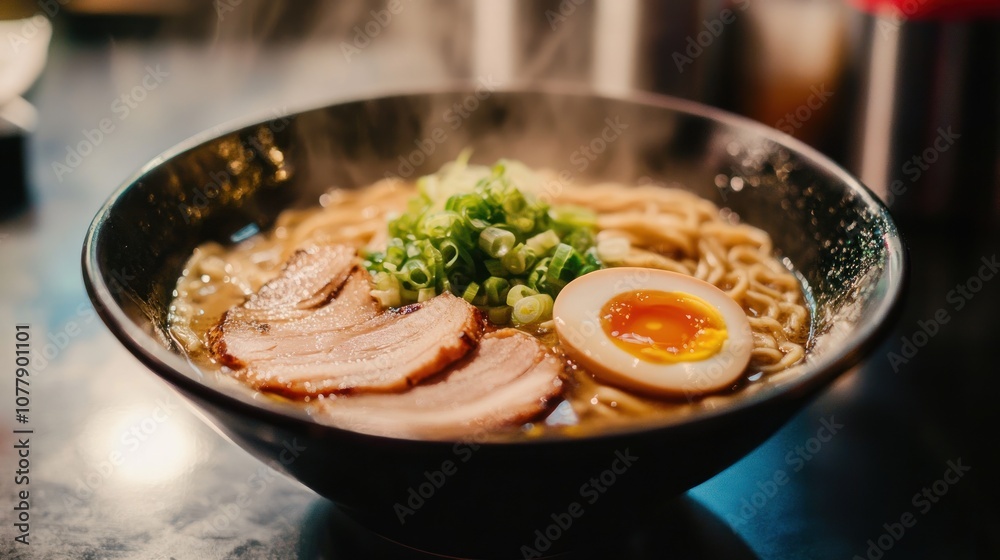 Delicious Ramen Bowl with Pork, Egg, and Green Onions Delicious Ramen Bowl with Pork, Egg, and Green Onions