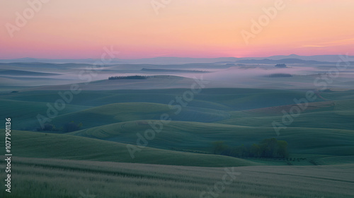 A tranquil sunrise over vast fields, with the horizon glowing and the fields bathed in the soft morning light.