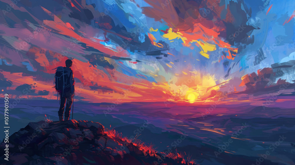 A traveler gazing at the sunset from a hilltop, the sky filled with warm colors as the sun dips below the horizon. A traveler gazing at the sunset from a hilltop, the sky filled with warm colors as the sun dips below the horizon.