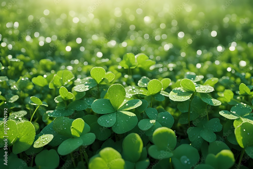 A lush green field covered with four leaf clovers morning dew sparkling on the leaves under soft sunlight, Ai Generated A lush green field covered with four leaf clovers morning dew sparkling on the leaves under soft sunlight, Ai Generated