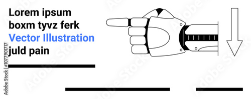 Robot hand pointing right, accompanied by text and a downward arrow. Ideal for technology websites, AI applications, robotics presentations, engineering blogs, software development, tech product