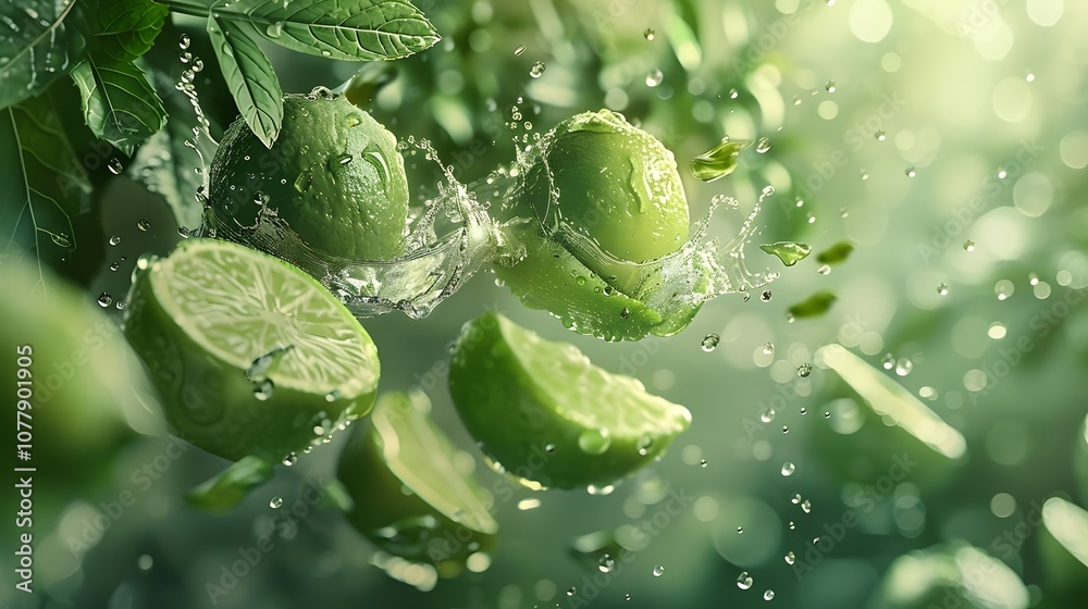 Fresh Green Limes Splashing in Water with Leaves Fresh Green Limes Splashing in Water with Leaves