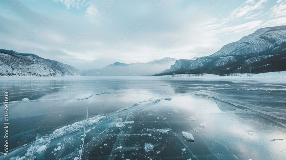 Fototapeta premium A vast frozen lake stretching toward distant mountains, the ice smooth and reflecting the pale winter sky