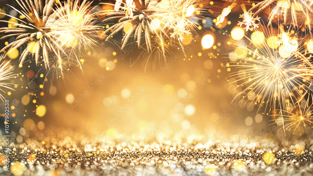 © oatawa - Vintage bright gold golden Fireworks sparkle and bokeh with Christmas stars lights in New Year eve and copy space. Abstract background holiday. © oatawa - Vintage bright gold golden Fireworks sparkle and bokeh with Christmas stars lights in New Year eve and copy space. Abstract background holiday.
