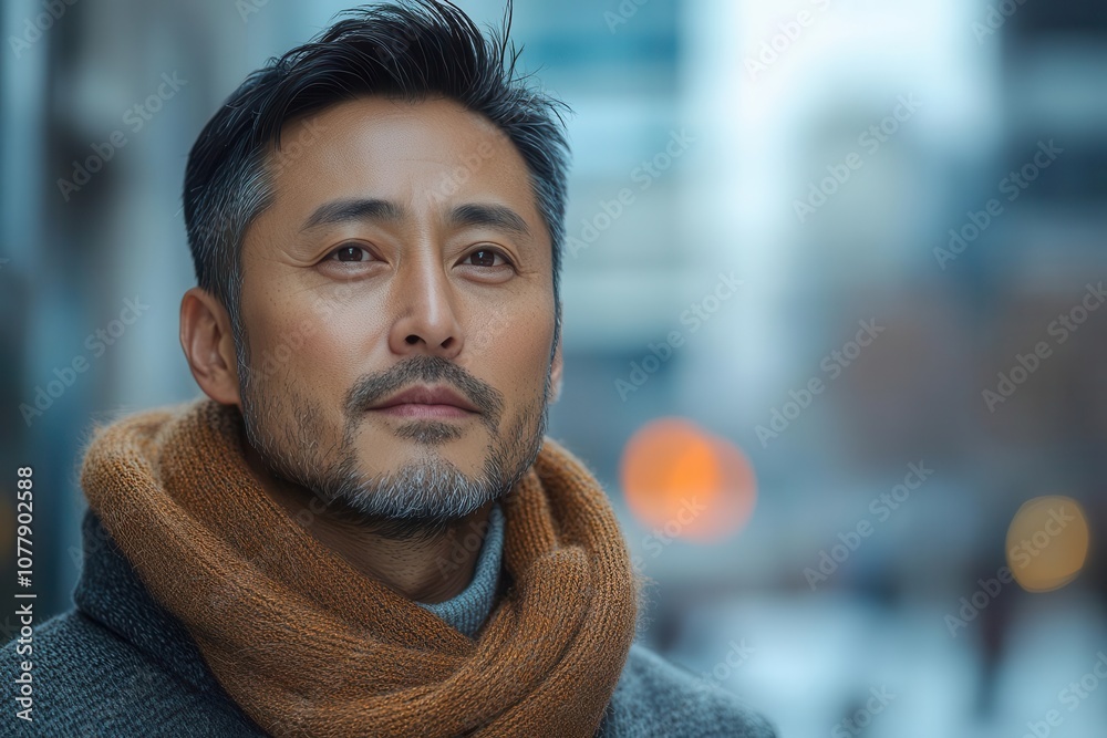 lifestyle portrait of a gentle chinese man in his 40s wearing a chic cardigan set against a backdrop of modern architecture reflecting a sense of calm and confidence lifestyle portrait of a gentle chinese man in his 40s wearing a chic cardigan set against a backdrop of modern architecture reflecting a sense of calm and confidence