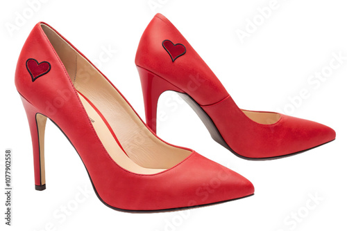 pair of stylish red high heels featuring heart design on heel, perfect for adding touch of romance to any outfit. These elegant shoes are ideal for special occasions