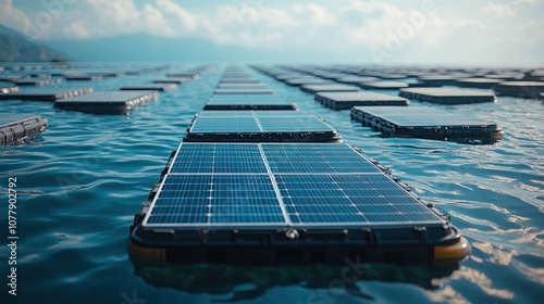 A vast array of floating solar panels on the surface of the ocean, under a bright blue sky with white clouds. photo