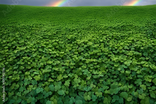 A lush green field covered with four leaf clovers morning dew sparkling on the leaves under soft sunlight, Ai Generated