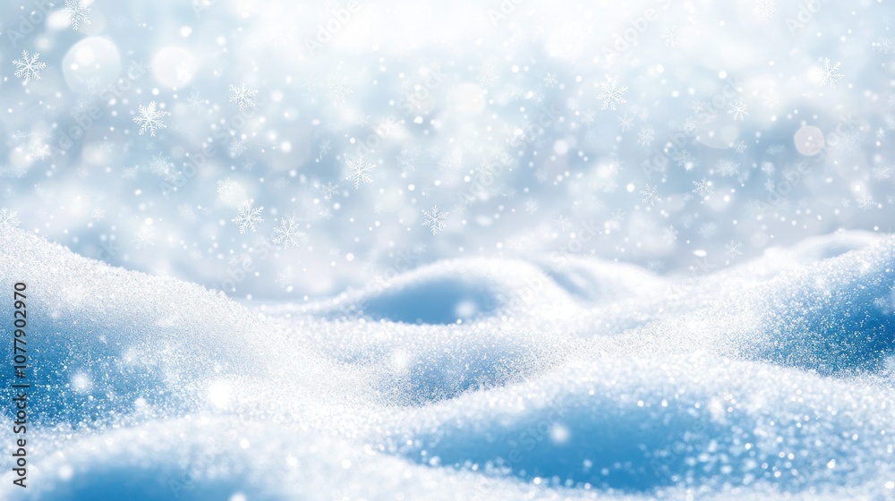 A high-resolution image of a snow-covered landscape that appears almost surreal, featuring snowflakes that shimmer with various shades of blue and silver against a bright white backdrop A high-resolution image of a snow-covered landscape that appears almost surreal, featuring snowflakes that shimmer with various shades of blue and silver against a bright white backdrop