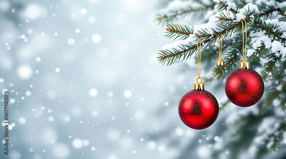 A serene snowy winter background featuring frosted fir branches adorned with colorful Christmas baubles. Perfect for holiday banners, festive greetings, and seasonal designs.

