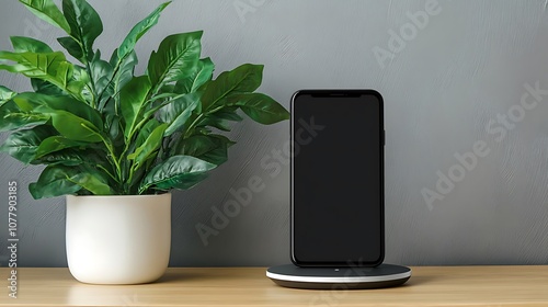 Smartphone on Wireless Charger Beside Indoor Plant