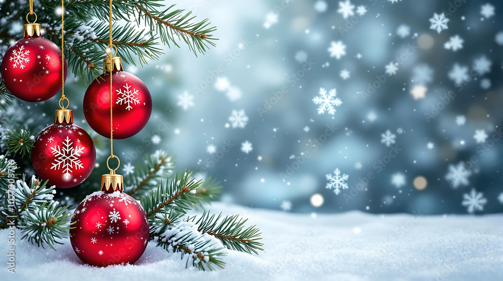 A serene snowy winter background featuring frosted fir branches adorned with colorful Christmas baubles. Perfect for holiday banners, festive greetings, and seasonal designs.
