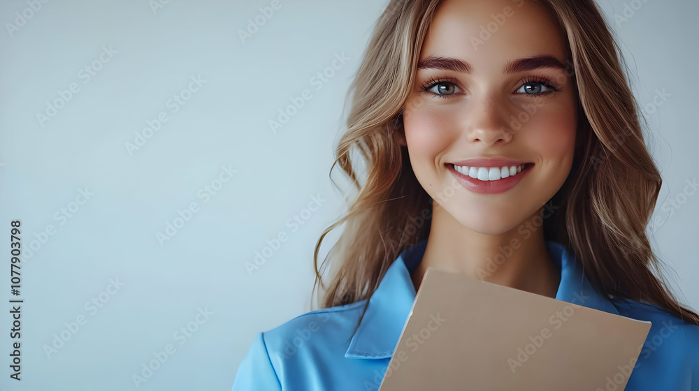 Obraz premium Smiling Woman with Blue Shirt and Folder Illustration