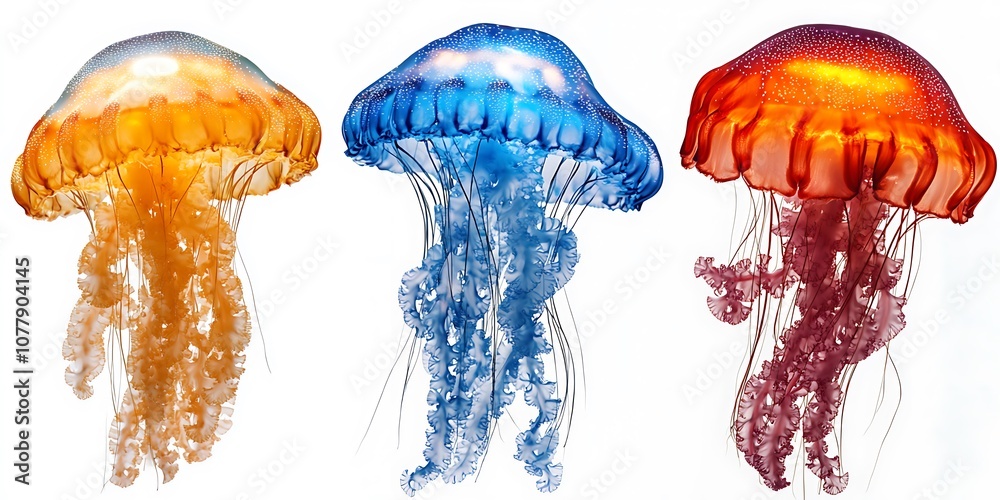 Fototapeta premium Colourful jellyfish bundle (orange, blue and red), isolated on a white background 