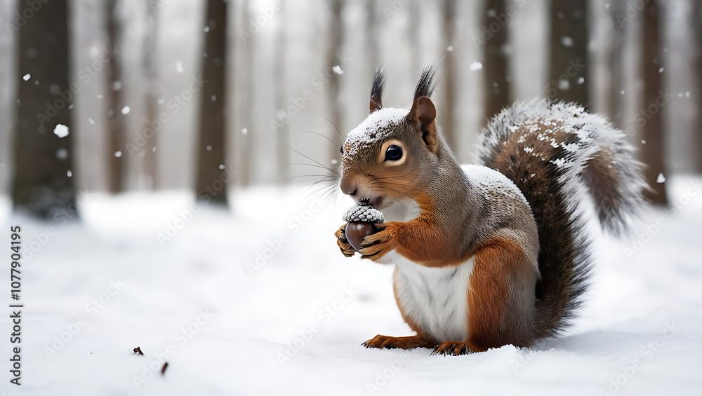 Squirrel with snow dusted acorn in snowy forest, playful winter scene Squirrel with snow dusted acorn in snowy forest, playful winter scene