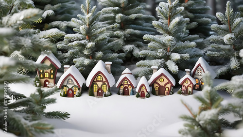 Tiny fairy houses in snow covered forest create magical winter scene photo