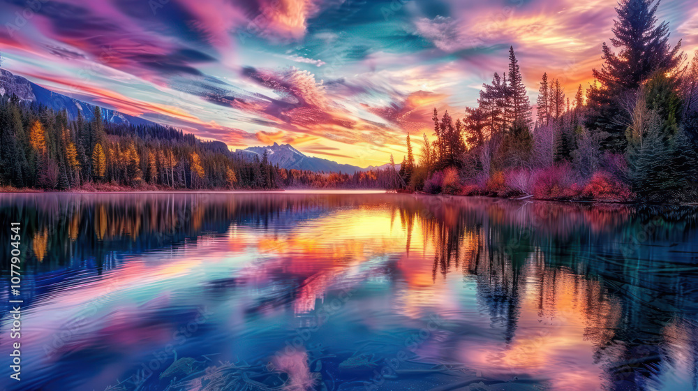 A wide lake reflecting a vibrant sunset sky, the intense colors of the setting sun blending into the calm waters A wide lake reflecting a vibrant sunset sky, the intense colors of the setting sun blending into the calm waters