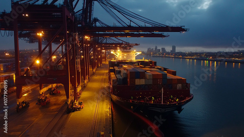 Cargo ship docked at night, bustling port. photo