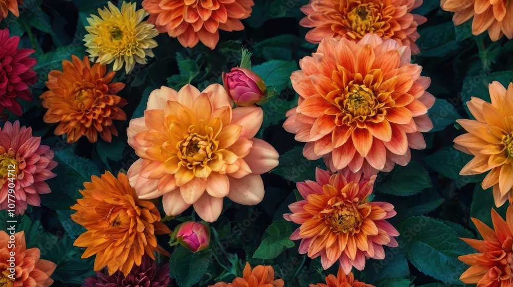 Fototapeta premium Bunch of orange flowers with green leaves