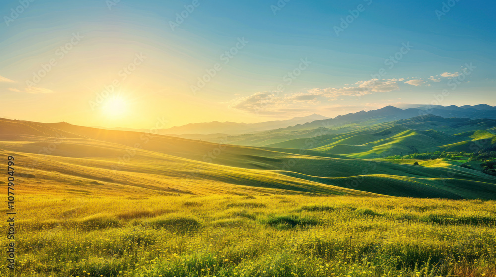 Fototapeta premium A wide landscape with rolling hills under a clear blue sky, the golden sun casting a warm glow over the fields