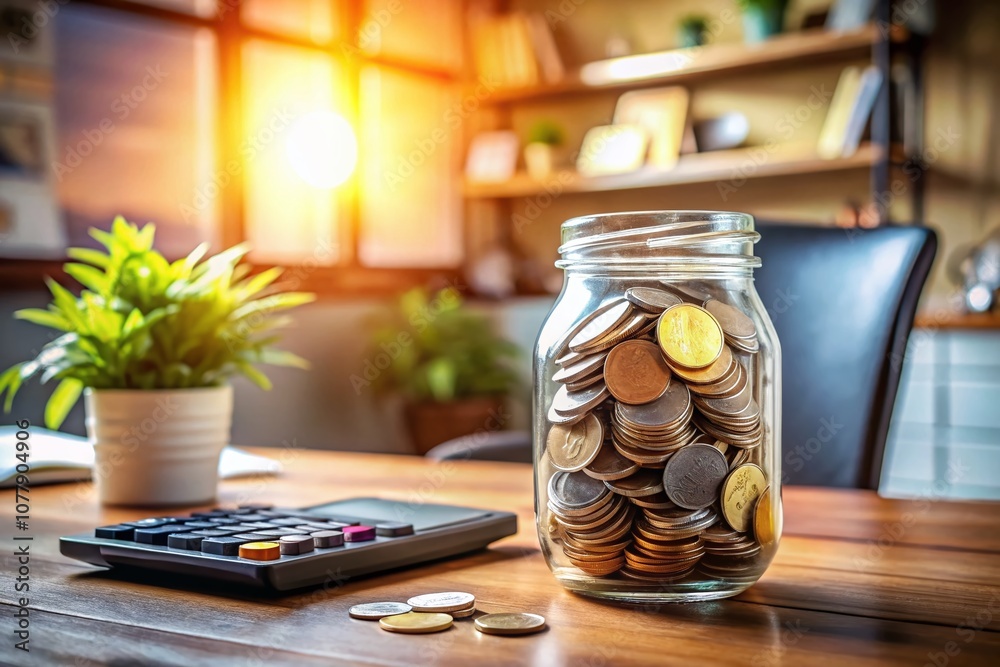 A Clear Jar Filled with Coins Symbolizing Financial Planning and Smart Budgeting for Future Goals, Emphasizing Payday Savings and the Importance of Saving Money Effectively A Clear Jar Filled with Coins Symbolizing Financial Planning and Smart Budgeting for Future Goals, Emphasizing Payday Savings and the Importance of Saving Money Effectively