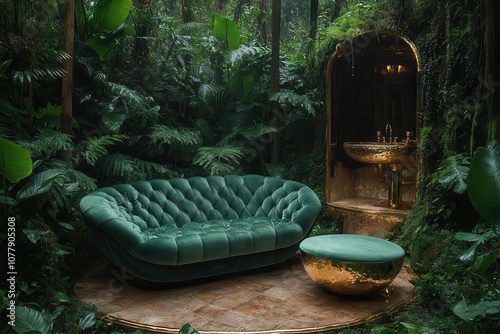 lush forest viewed from a unique wormseye angle showcasing luxurious goldaccented furniture nestled among vibrant green foliage combining natures beauty with opulence photo