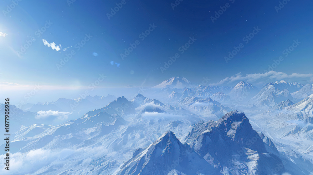 Obraz premium Blue sky fading into a distant horizon of snowy mountain peaks, the air crisp and clear