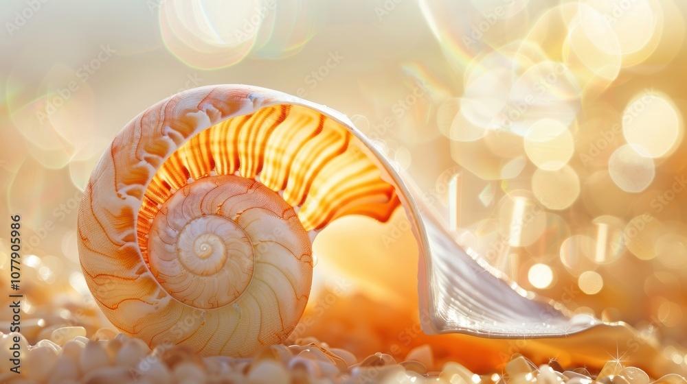 Obraz premium Abstract wallpaper featuring a nautilus shell, with a focus on its detailed swirl. The shell's natural beauty is a perfect example of marine life and nature.