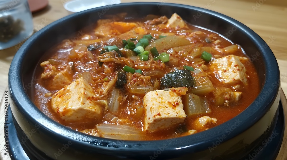 A hot bowl of kimchi jjigae, spicy stew made with kimchi, tofu, pork, and gochujang.
A hot bowl of kimchi jjigae, spicy stew made with kimchi, tofu, pork, and gochujang.