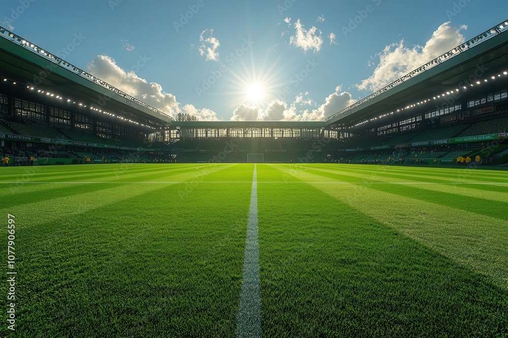 Obraz premium lush green turf stretches out in a vibrant football stadium bathed in sunlight encapsulating the spirit of sports and teamwork for players and fans alike